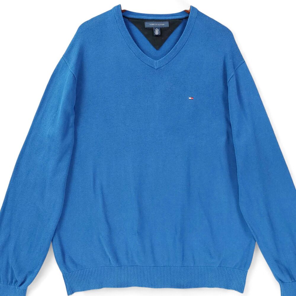 Tommy Hilfiger Sweater Mens XL Blue V Neck Cotton Pullover Flag Logo Knit Soft